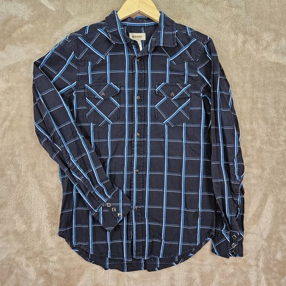 Diesel Shirt Pearl Snap Button-Down Pockets Mens Size M Black Blue Plaid Western - Picture 1 of 10